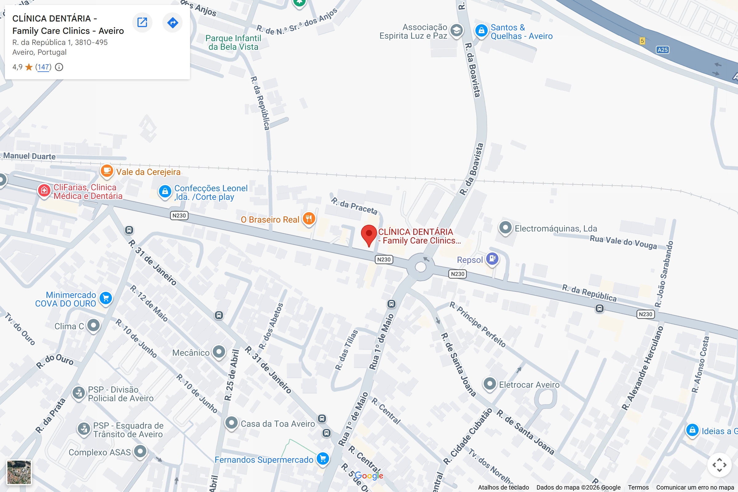 Mapa do Google com a localização da Family Care Clinics na Praceta Rua da República 1, em Aveiro
